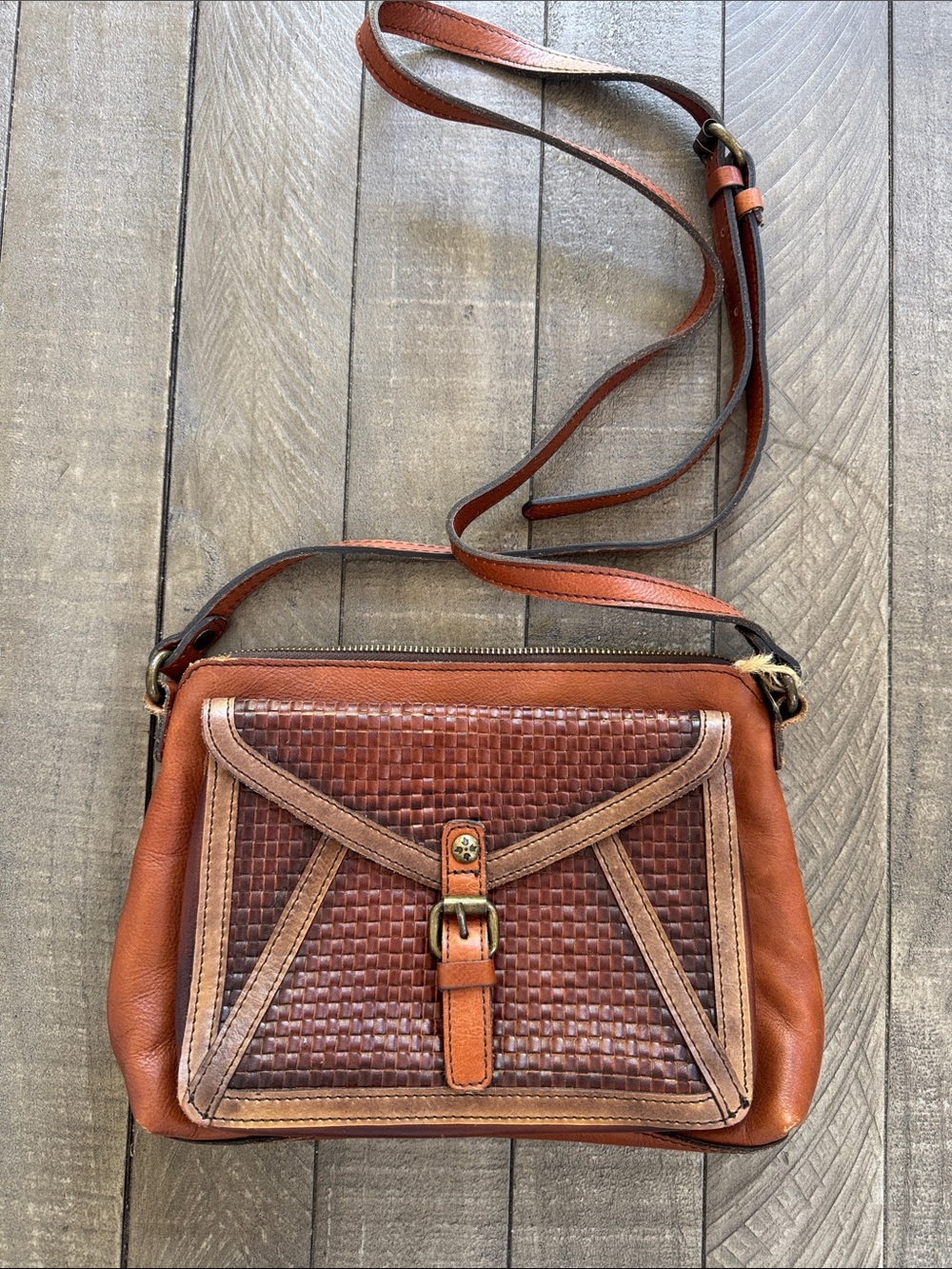 Patricia Nash Woven Leather Crossbody in Two-Tone Brown